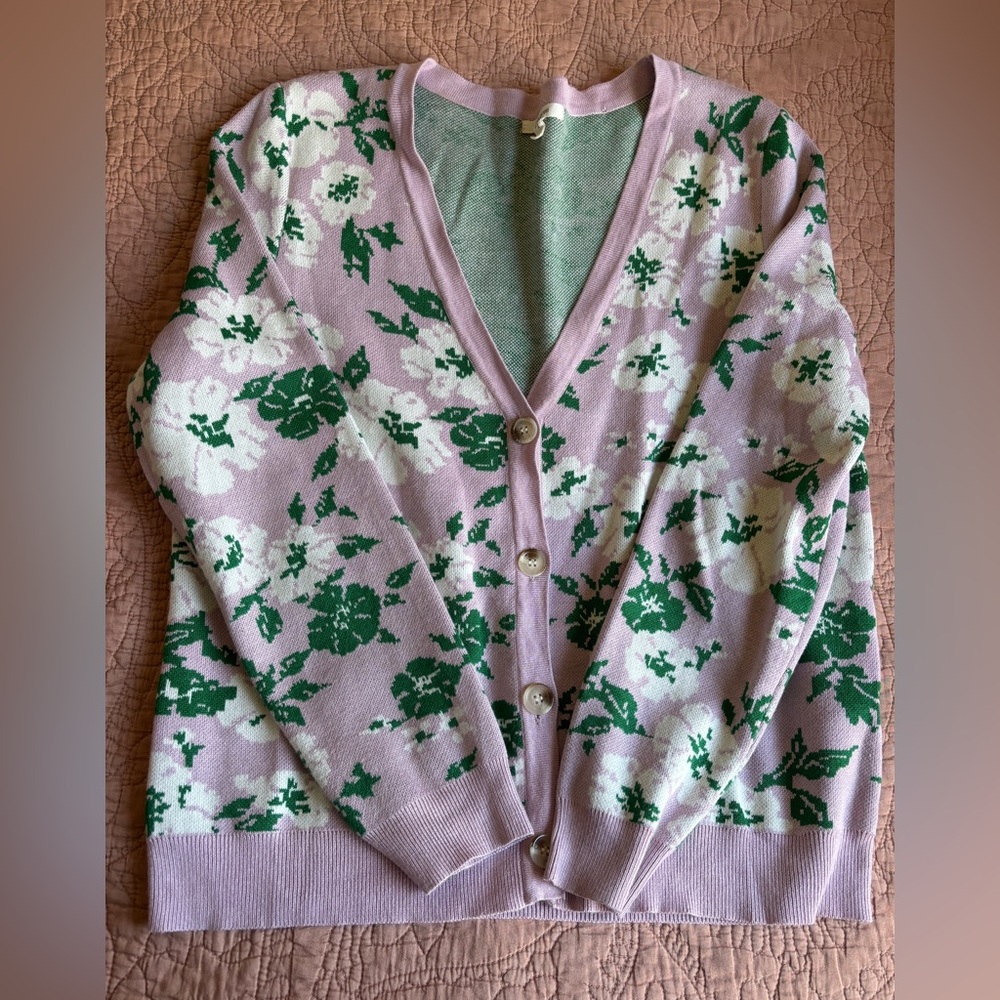 Floral Knit Cardigan Sweater - Pink and Green
